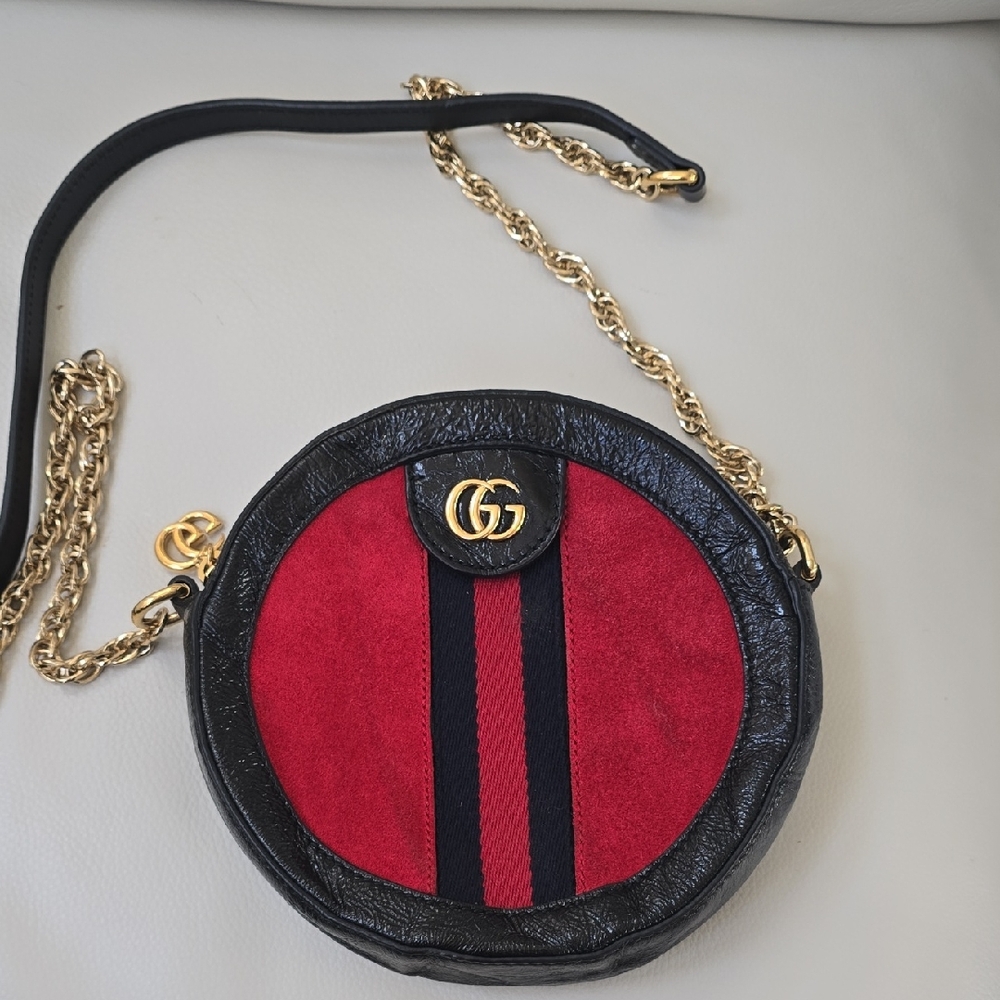 Gucci Red and Navy suede Crossbody Bag with Gold Accents